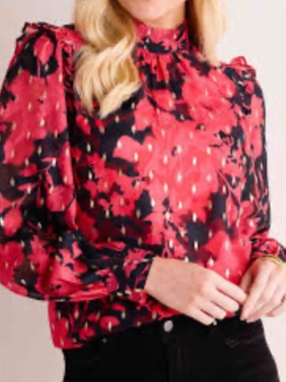 PINCH Sz M Boho Abstract High Neck Ruffle Blouse Peach Gold Office Career Lined